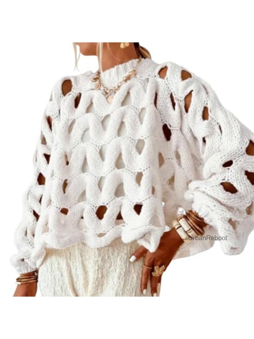 Women's Crochet Sweater Hollow Out Oversized Chunky Pullover Long Sleeve Crew